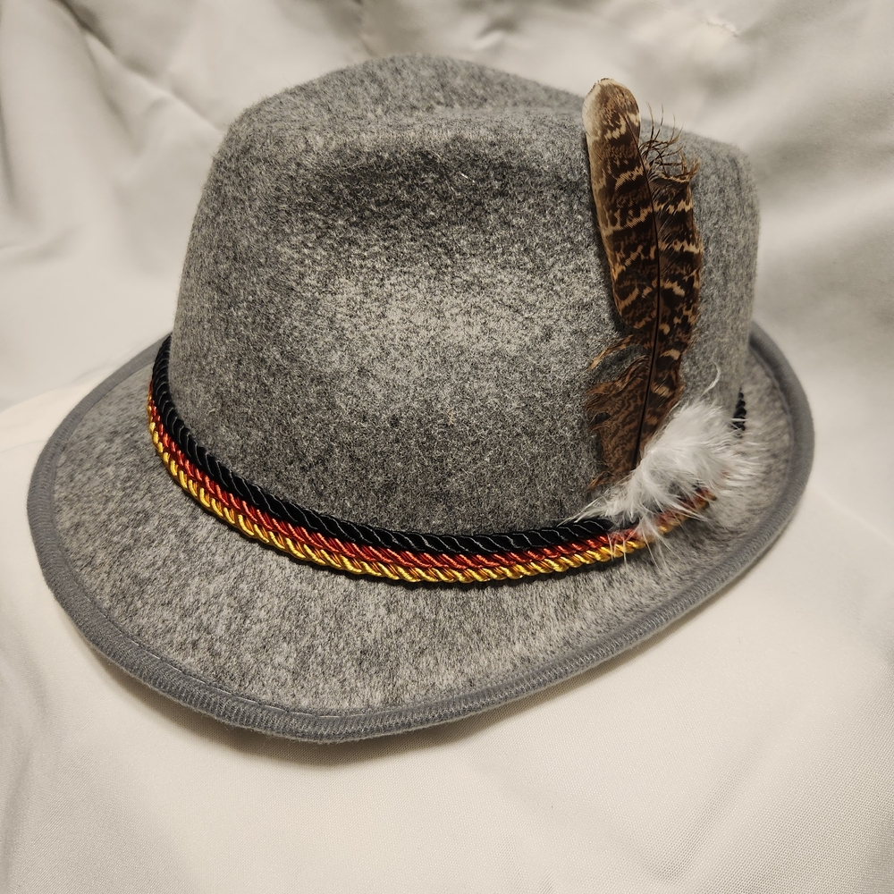 Gray Felt Fedora with Multicolor Braided Trim and Feather Men German Oktoberfest